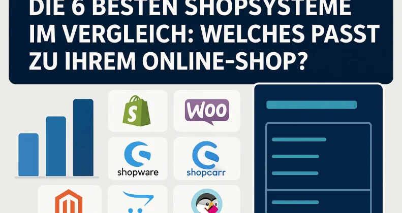Infografik mit der Überschrift ‚Die 6 besten Shopsysteme im Vergleich: Welches passt zu Ihrem Online-Shop?‘. Darunter links ein Balkendiagramm, in der Mitte die Logos von Shopify, WooCommerce, Shopware, Shopcarr, Magento, OpenCart und PrestaShop sowie rechts eine stilisierte Shop-Seiten-Skizze