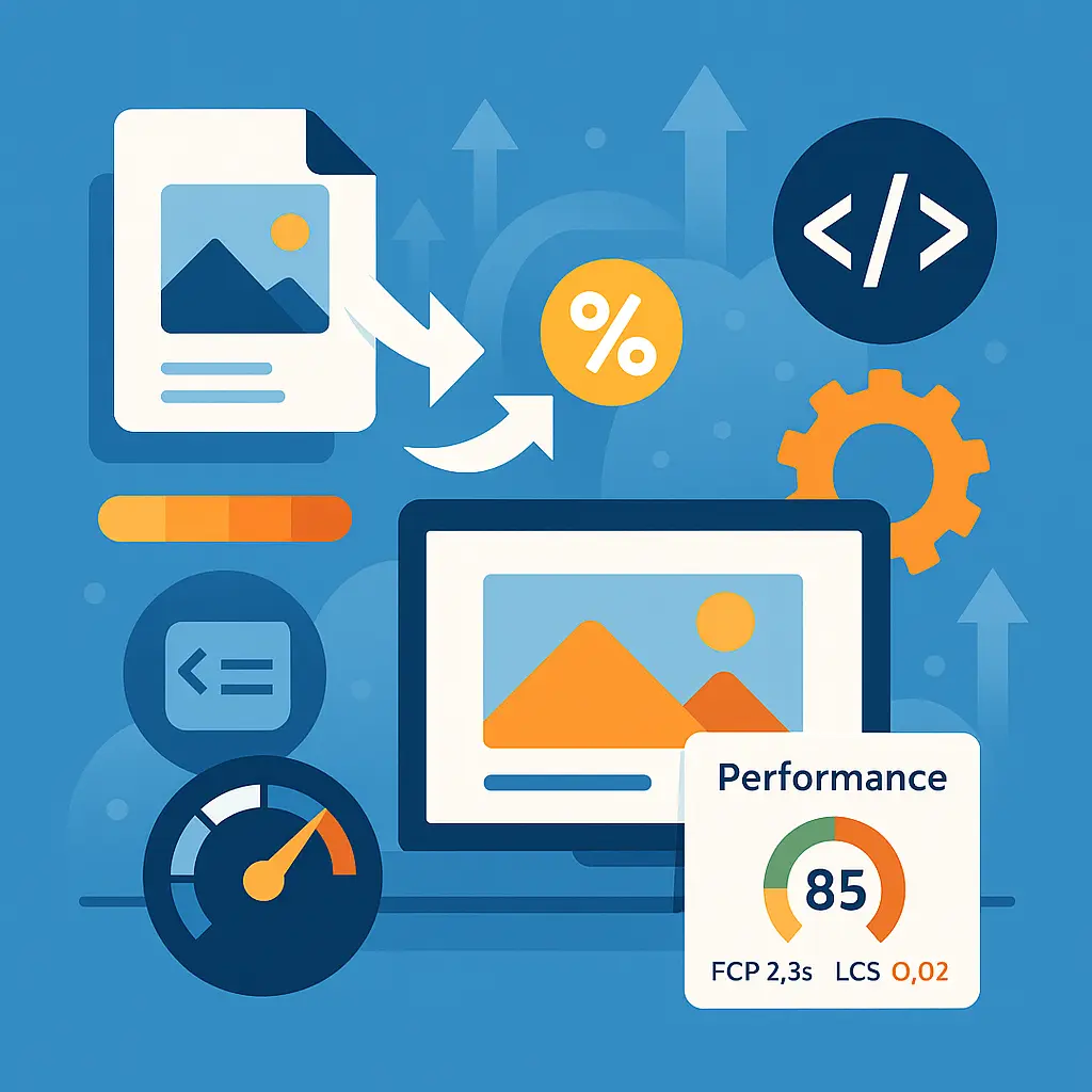 Illustration zum Thema PageSpeed Optimieren - Info Grafik darüber welche Maßnahmen für das Thema wichtig sind