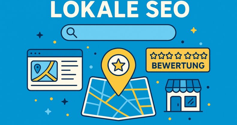 „Illustration zur lokalen SEO mit Karte, Standort-Pin und digitalen Elementen – zeigt, wie Unternehmen regional bei Google sichtbar werden“